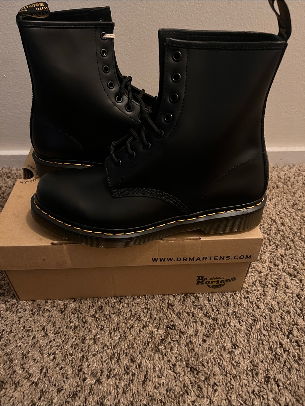 Dr. Martens Women’s Black 8-Eye Lace-Up Leather Boots with Yellow Welt Stitching